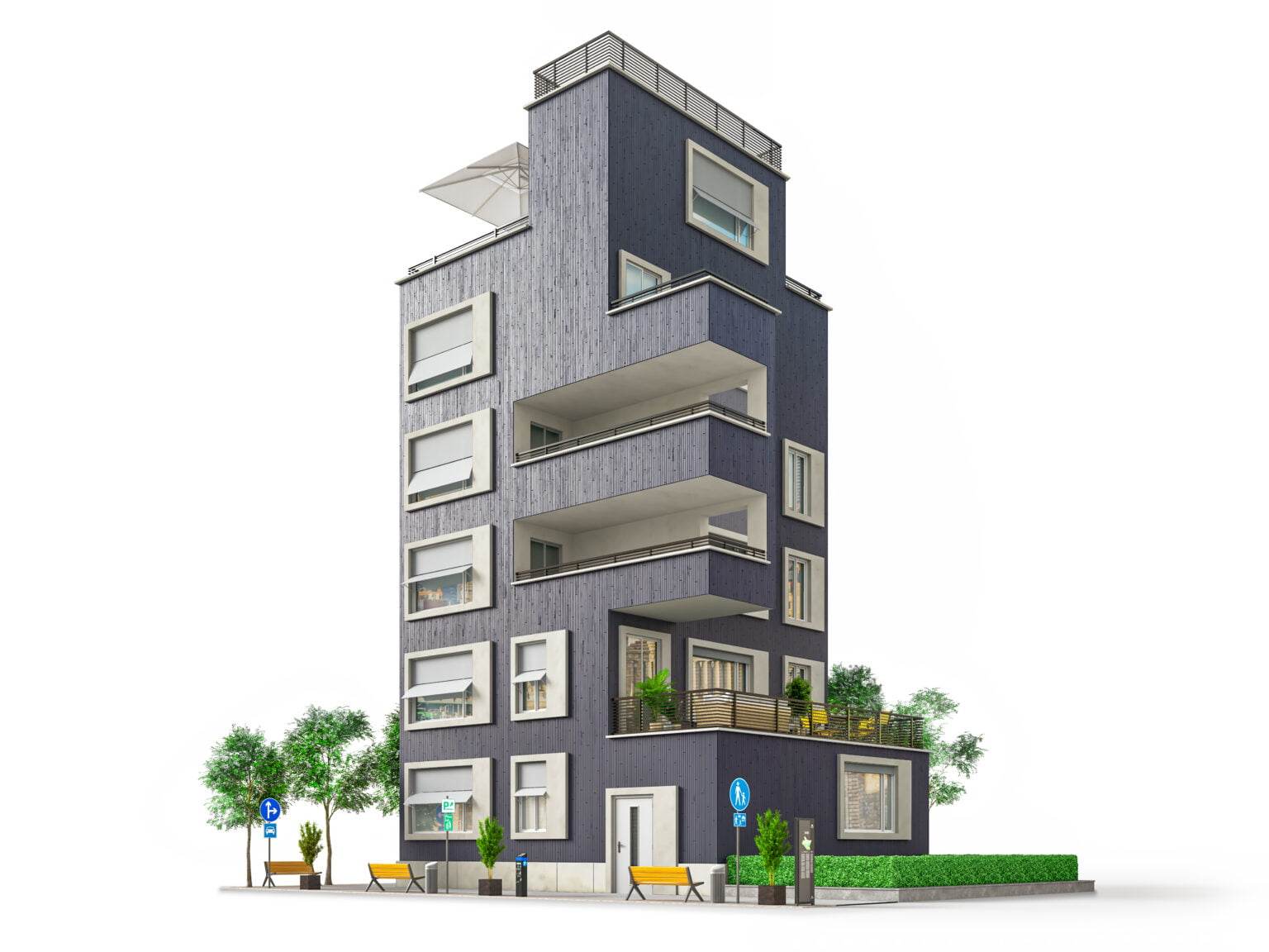 modern residential building with blue facade at the white background. 3d illustration