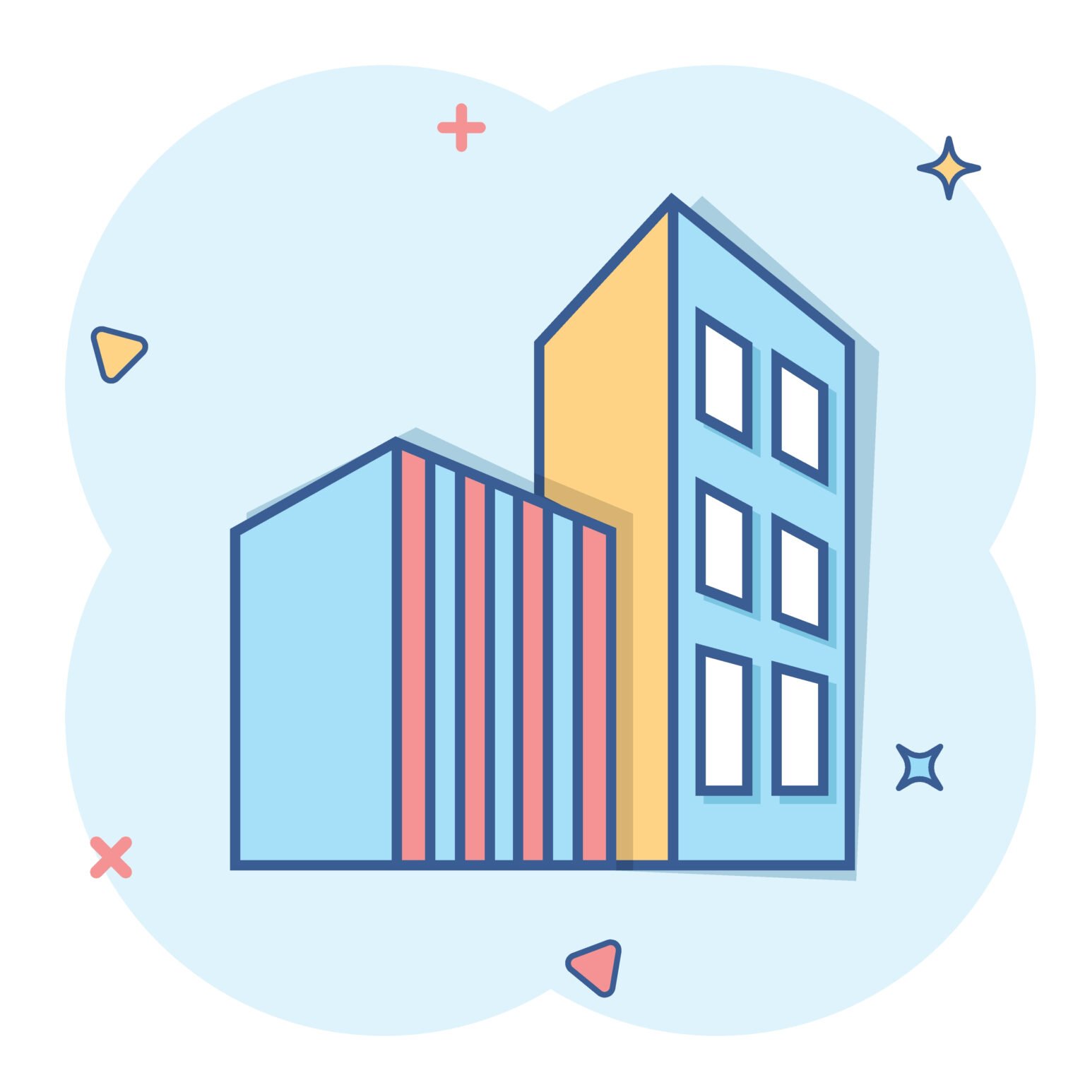 building icon in comic style. skyscraper cartoon vector illustration on white isolated background. architecture splash effect business concept.