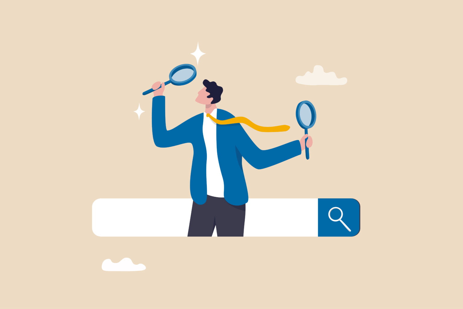 search, discover or research, seo, search engine optimization, finding information, new job or explore websites concept, businessman with magnifying glass discover new websites from search box.